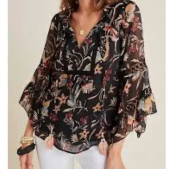 ⭐️ Maeve Odette Floral Bell Sleeve Tassel Chic Business Party Peasant Blouse Top - Picture 1 of 10